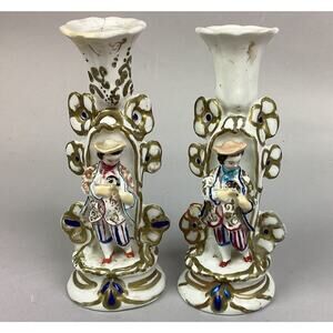 Antique Asian Chinese Porcelain Hand Painted Gold Gilt Figural Candlesticks 7.5”